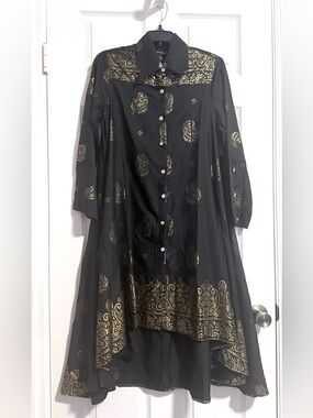 Step in Style Hi Low Swing Dress Black & Gold Rhinestone Bling Buttons Size M